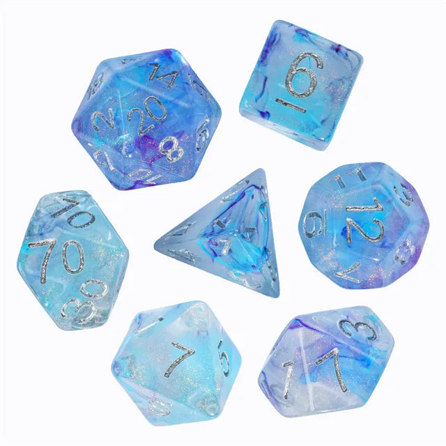 DND Würfelset „Glitzerwirbel“ Polyeder Acryl Würfel mit Glitter Effekt