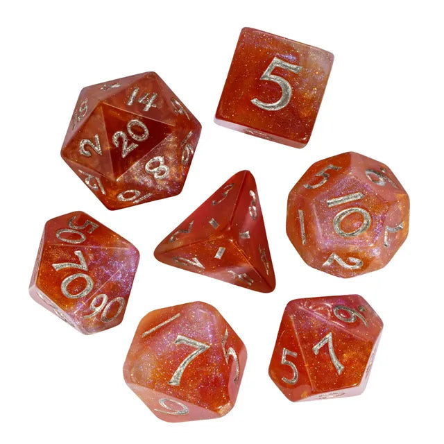 DND Würfelset „Galaxy“ Resin Polyeder Würfel 7 teilig Corner Cut mit Glitter Effekt