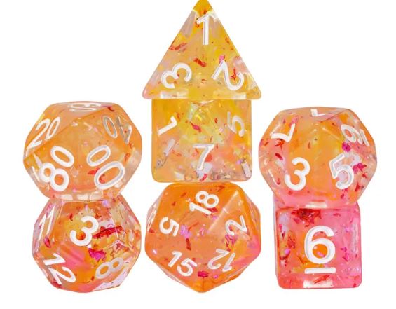 DND Würfelset"Acryl Wirbel" - Würfel für Dungeons & Dragons Pink/Gelb/Rot
