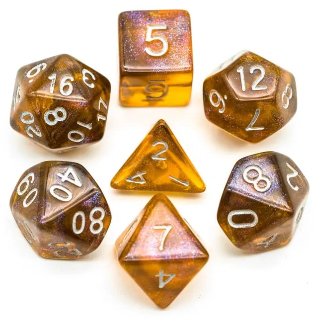 DND Würfelset „Durchsichtiger Glitzer“ Polyeder Acryl Würfel 7 teilig für Dungeons and Dragons und RPG