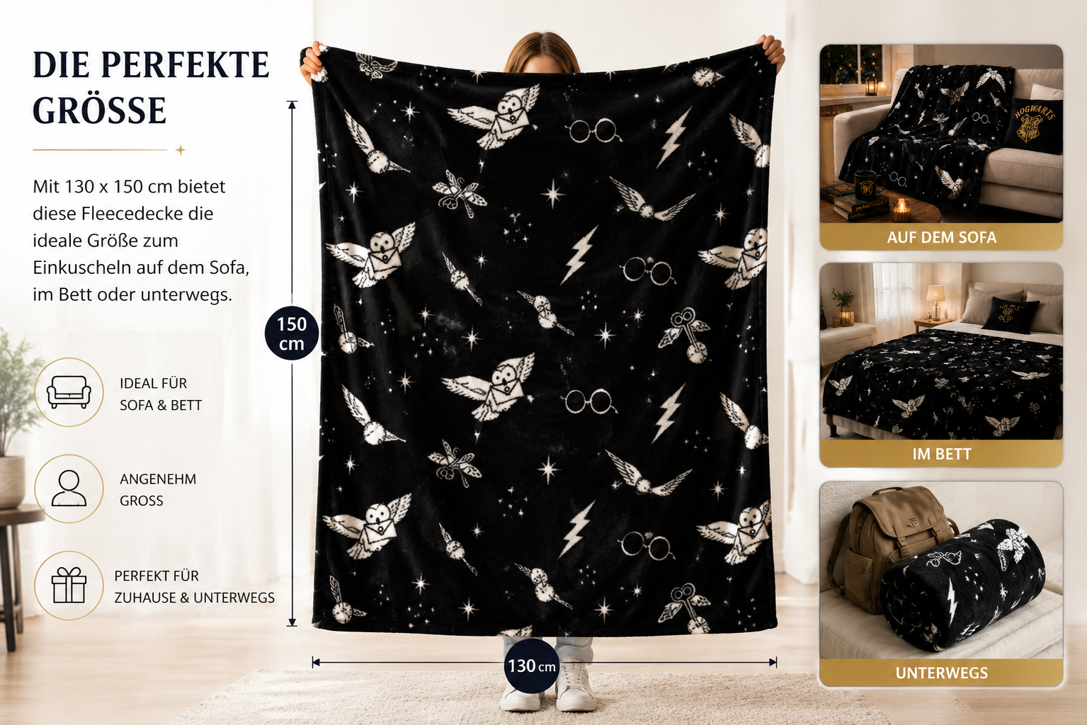 Harry Potter - Fleecedecke Supersoft - schwarz/weiß - 130x150 cm