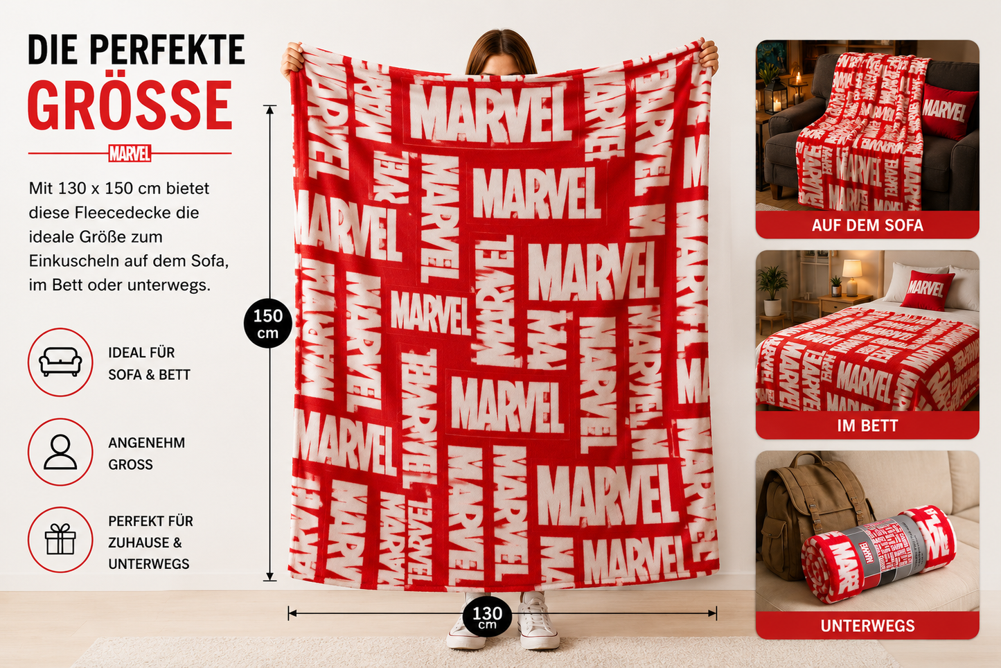 Marvel Fleecedecke 130 × 150 cm | Kuscheldecke | Supersoft | Offiziell lizenziert