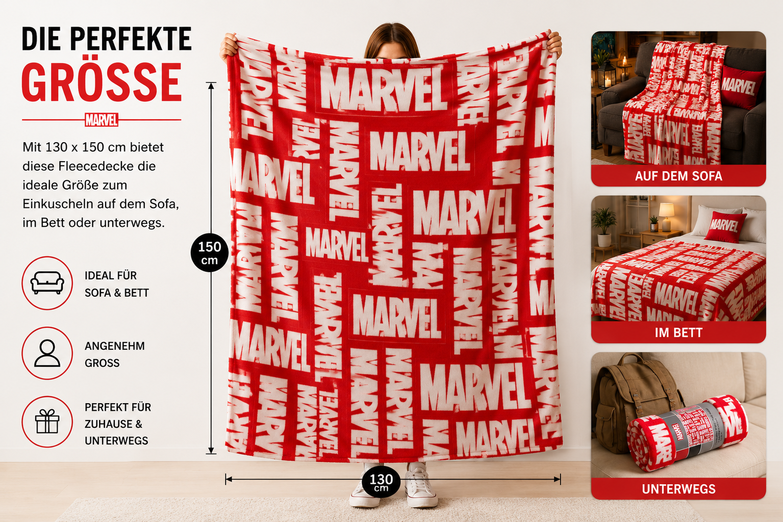 Marvel Fleecedecke 130 × 150 cm | Kuscheldecke | Supersoft | Offiziell lizenziert