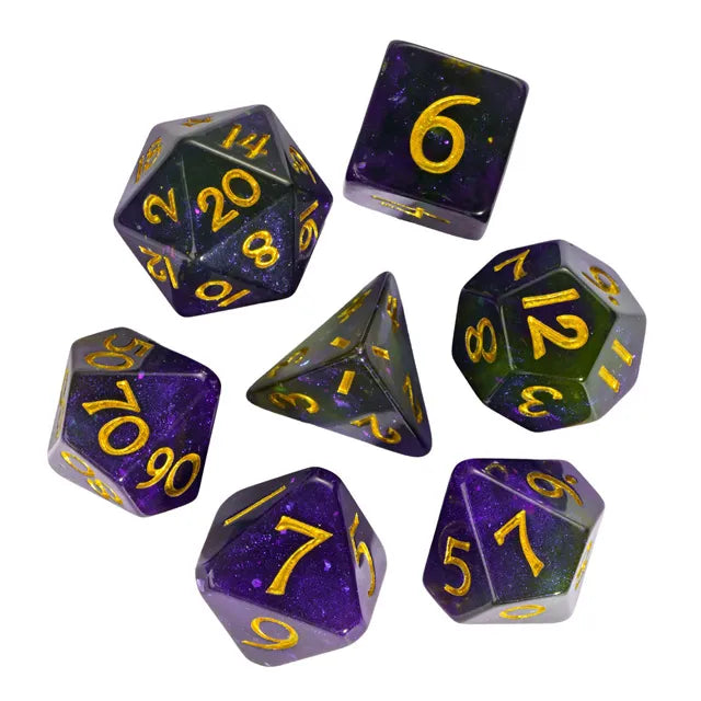 DND Würfelset „Galaxy“ Resin Polyeder Würfel 7 teilig Corner Cut mit Glitter Effekt