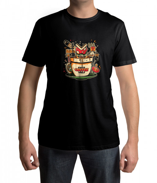 Lootchest T-Shirt „Super Coffee World“. Bestelle das exklusive Nerd Shirt und zeigt, dass du sowohl Kaffee als auch Retro-Geming magst. In den Größen S-5XL.