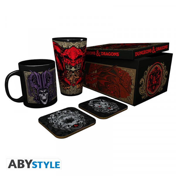 Hochwertiges und detailreiches Geschenkset bestehend aus einer Tasse, einem Glas und 2 Untersetzern mit Motiven aus dem Dungeons & Dragons Universum.